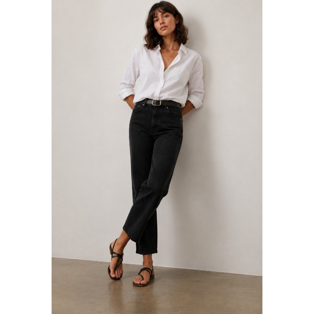 RE/DONE High Rise Straight Leg Buttonfly Stovepipe Jeans Jet Black Denim Size 27